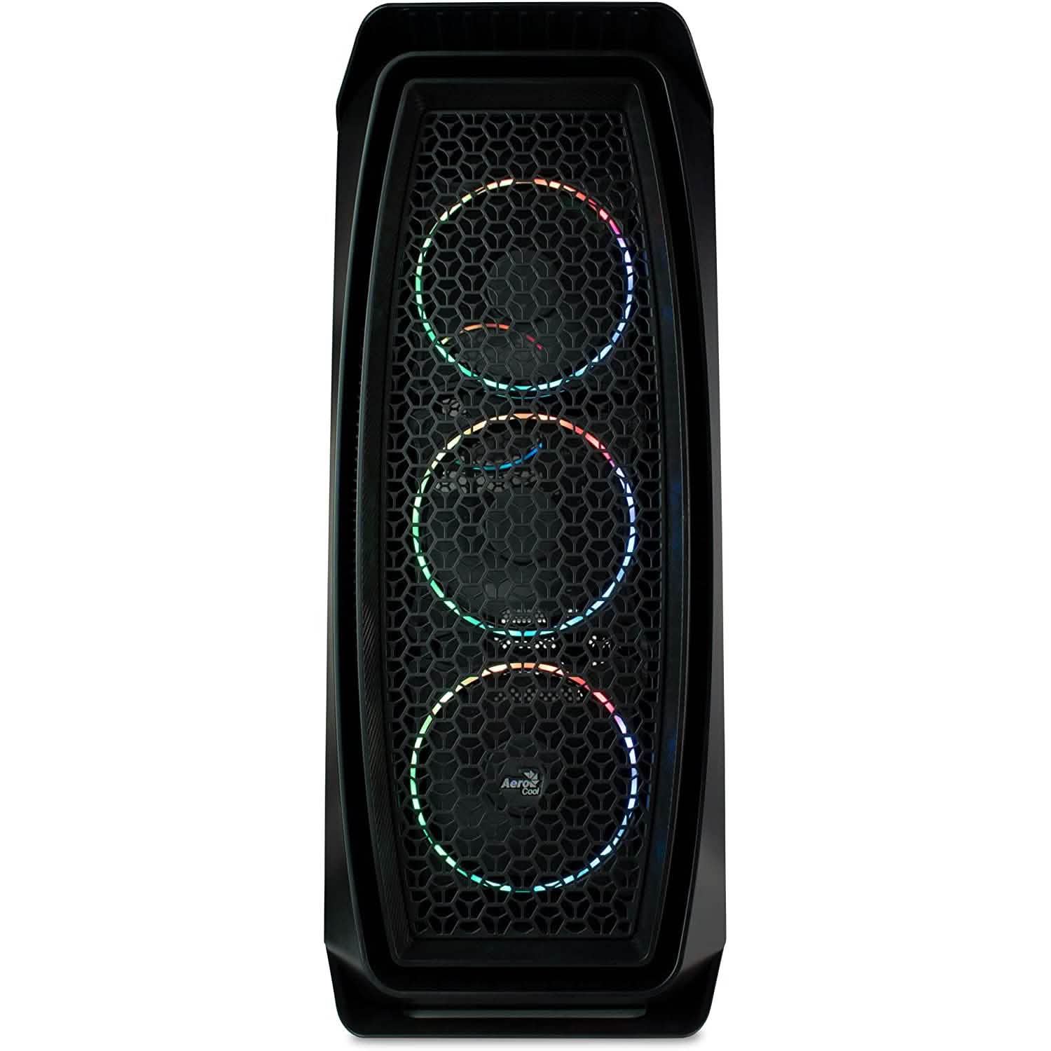 Gaming PC tower with triple RGB ring fans behind hex mesh, front view, black case