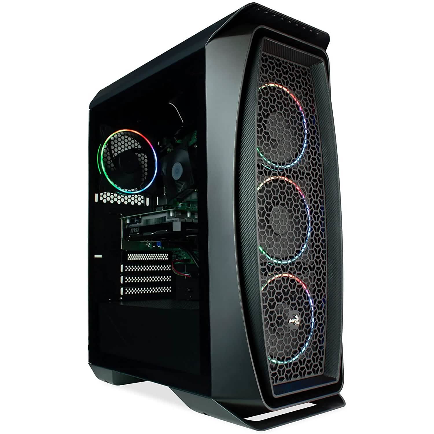Gaming PC tower with side tempered-glass panel and RGB hex fan lighting, black chassis
