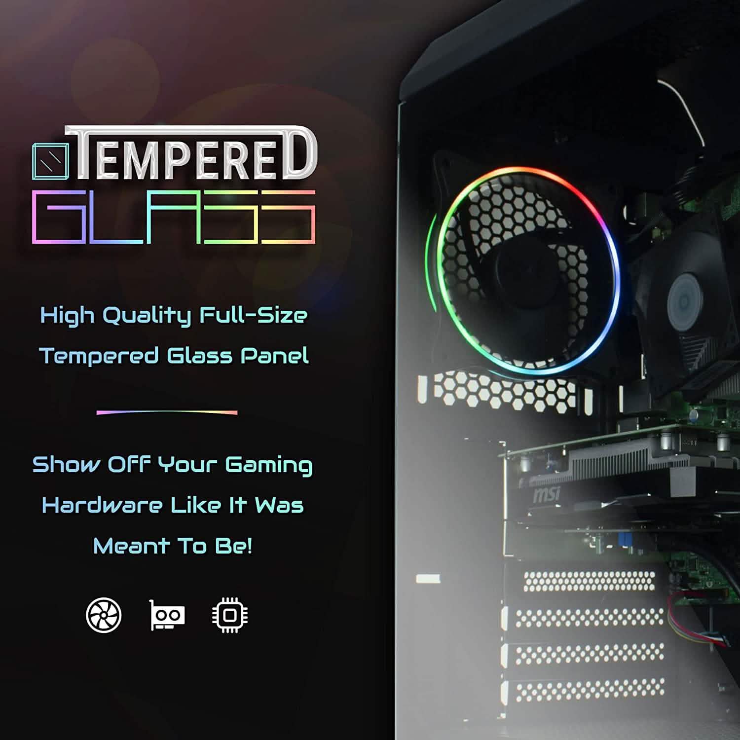 Gaming PC tower with tempered-glass side panel and RGB ring fan lighting, interior visible