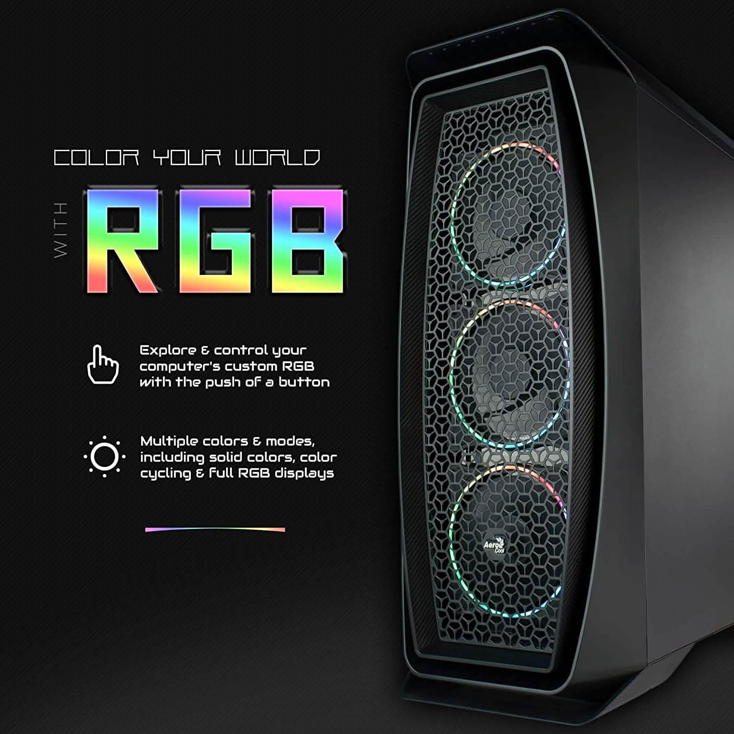 Gaming PC tower with hex mesh front and RGB ring fans, side angle, black case
