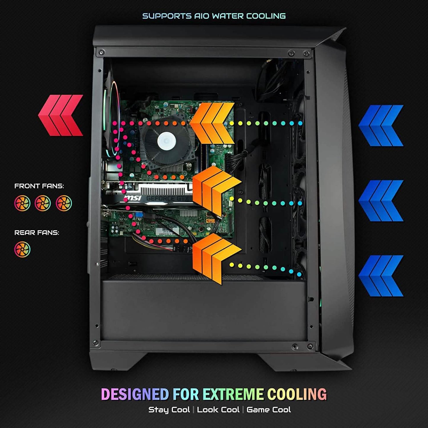 Gaming PC tower interior with motherboard, CPU cooler, and RGB lighting, open side panel
