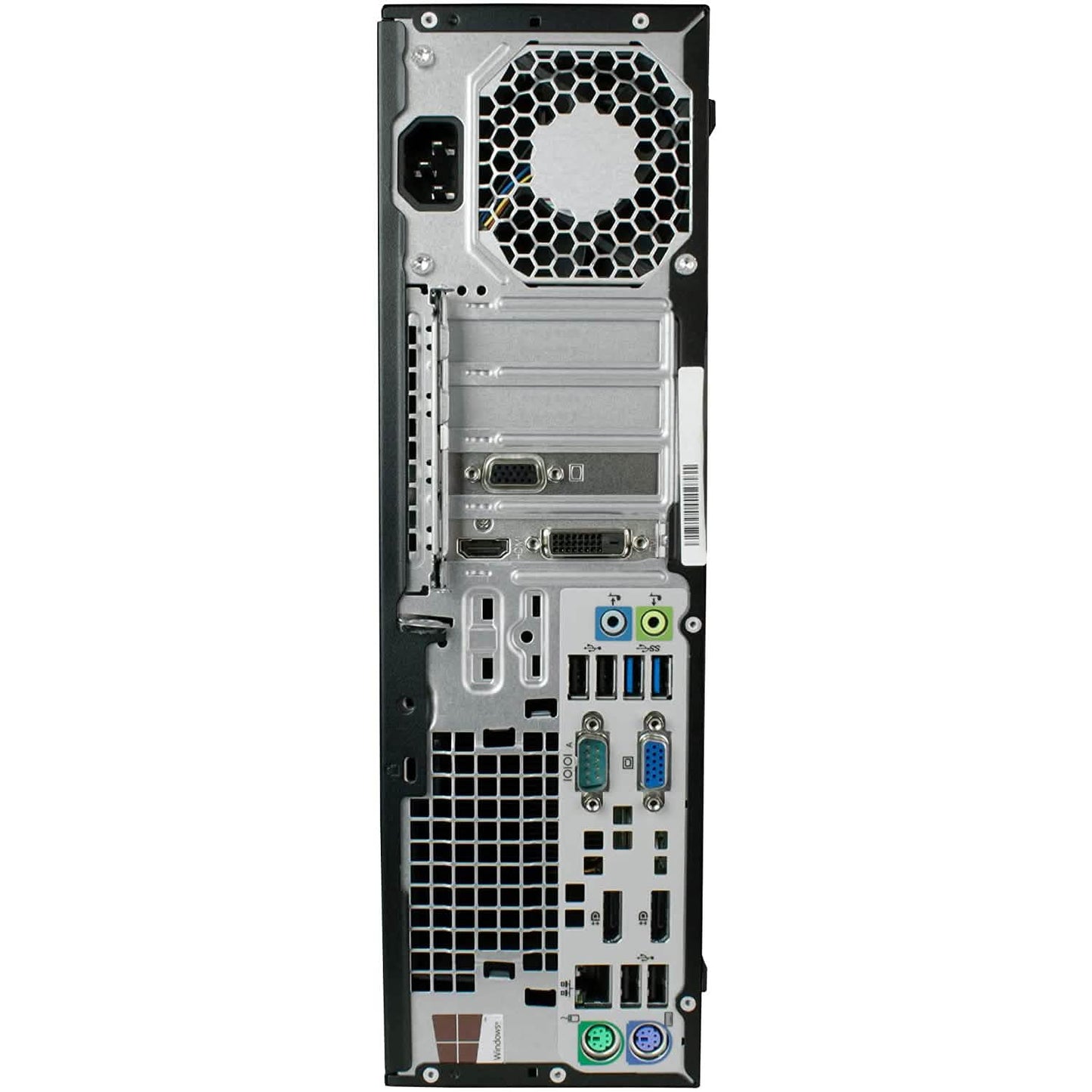 Black desktop PC rear I/O panel with expansion ports, display connectors, and cooling grille