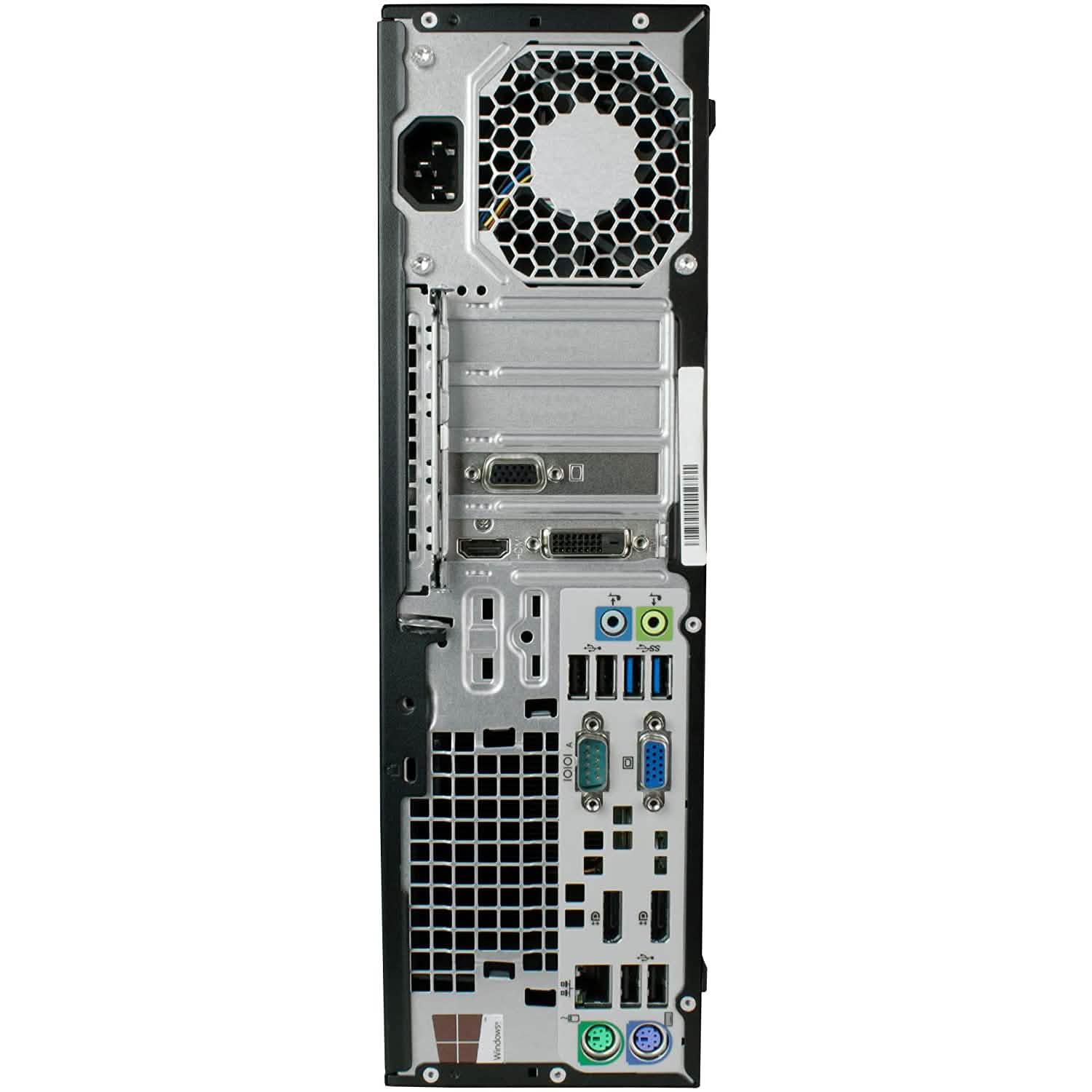 Black desktop PC rear I/O panel with expansion ports, display connectors, and cooling grille
