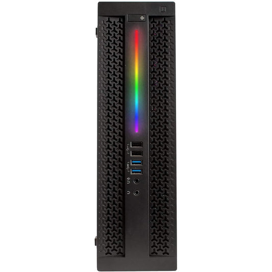 Black gaming desktop PC with vertical RGB light strip and front USB and audio ports