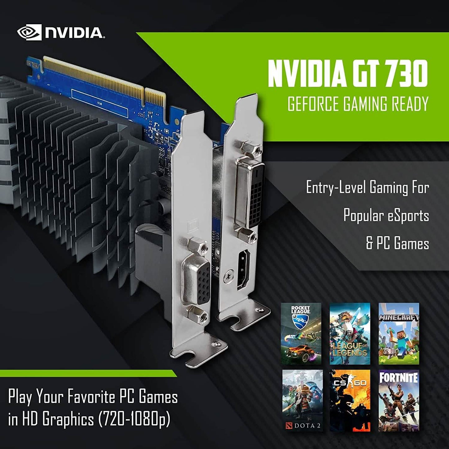 Graphics card with metal I/O bracket and blue PCB cooling heatsink fins