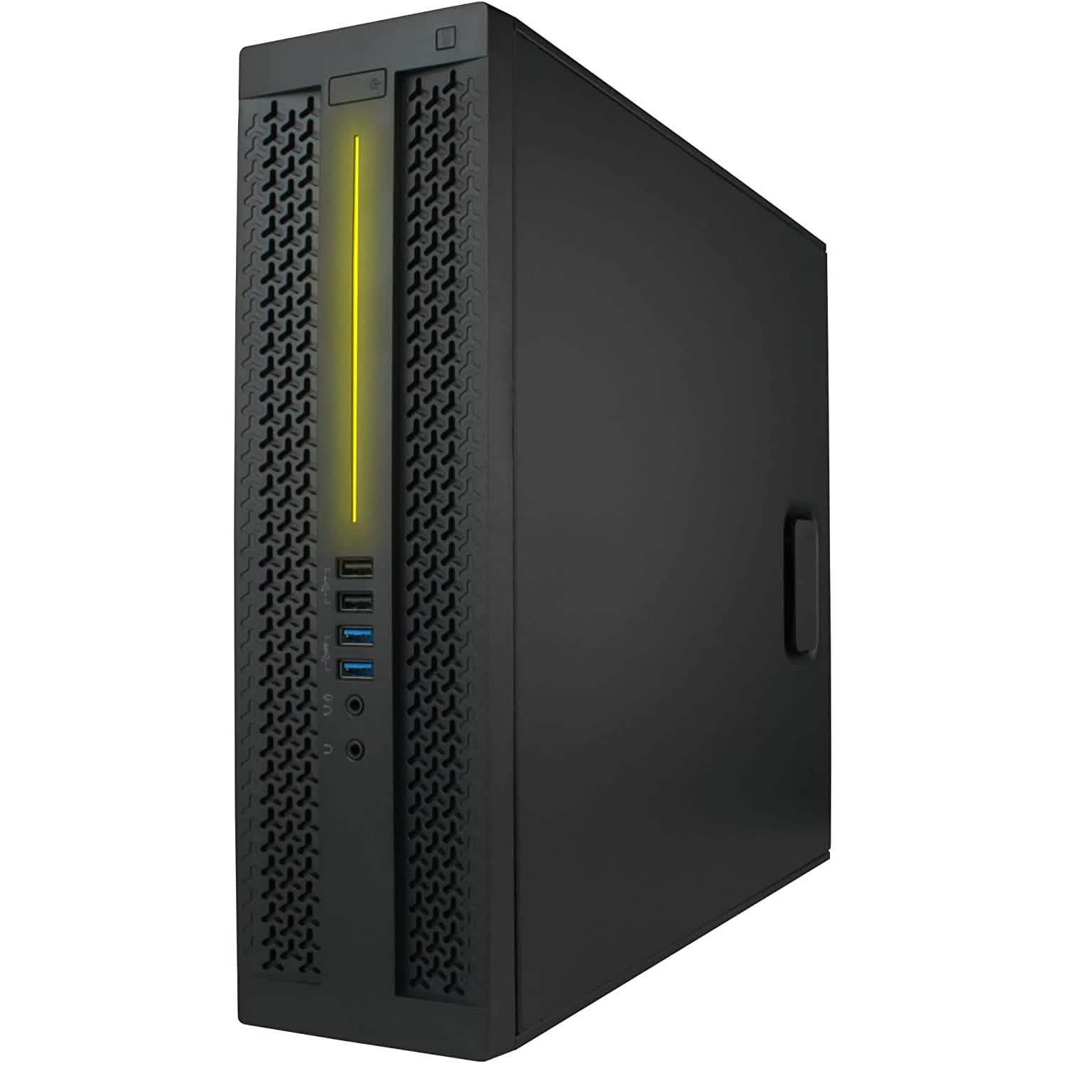 Black gaming desktop PC with textured side panel, front ports, and yellow RGB light strip