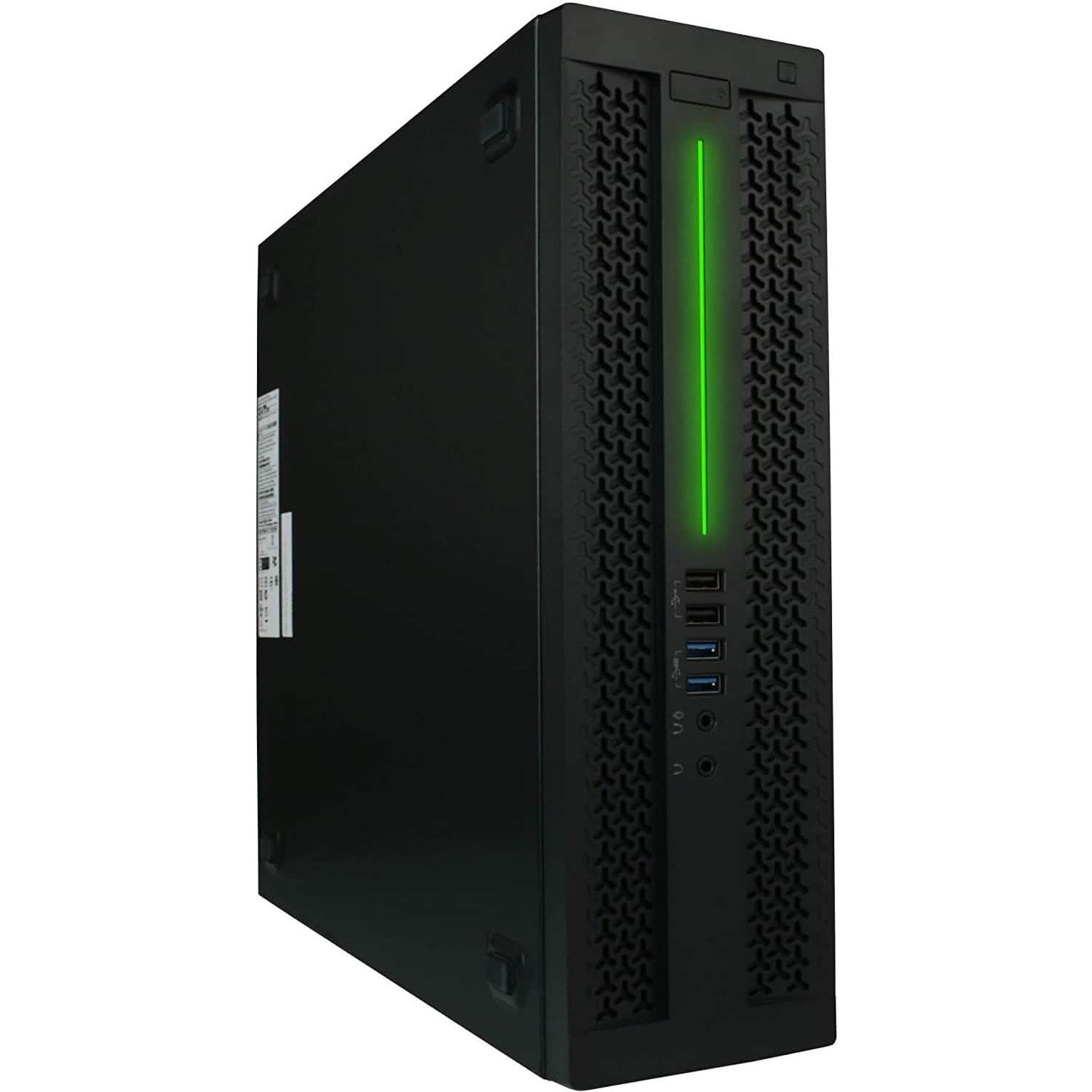 Refurbished gaming desktop PC tower side/front view with green RGB light strip
