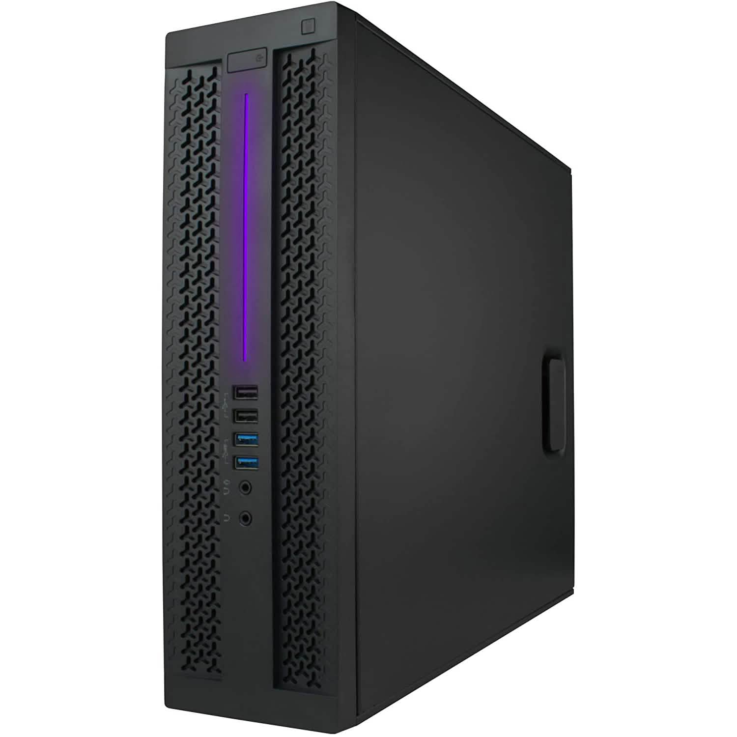 Refurbished gaming desktop PC side view with RGB light strip and front I/O ports