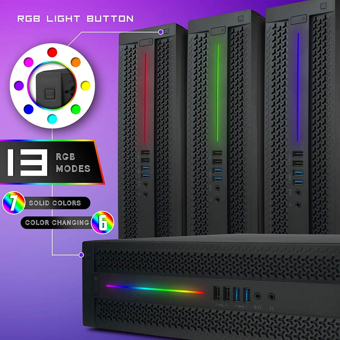 Refurbished gaming desktop PC showing RGB light bar and front USB/I-O panel