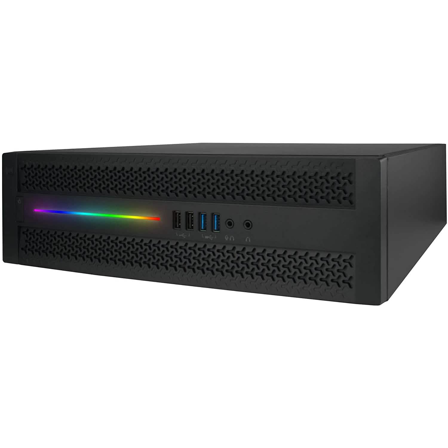Refurbished gaming desktop PC front edge with RGB light strip, USB ports, and headphone jack