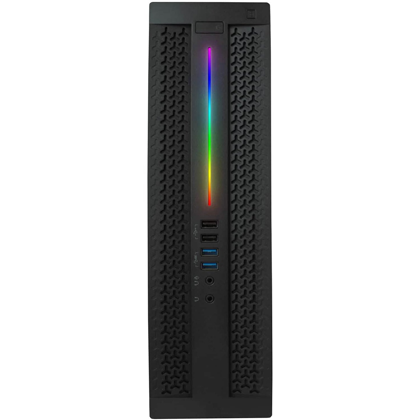 Refurbished gaming desktop PC front panel with multi-color RGB light strip and ports