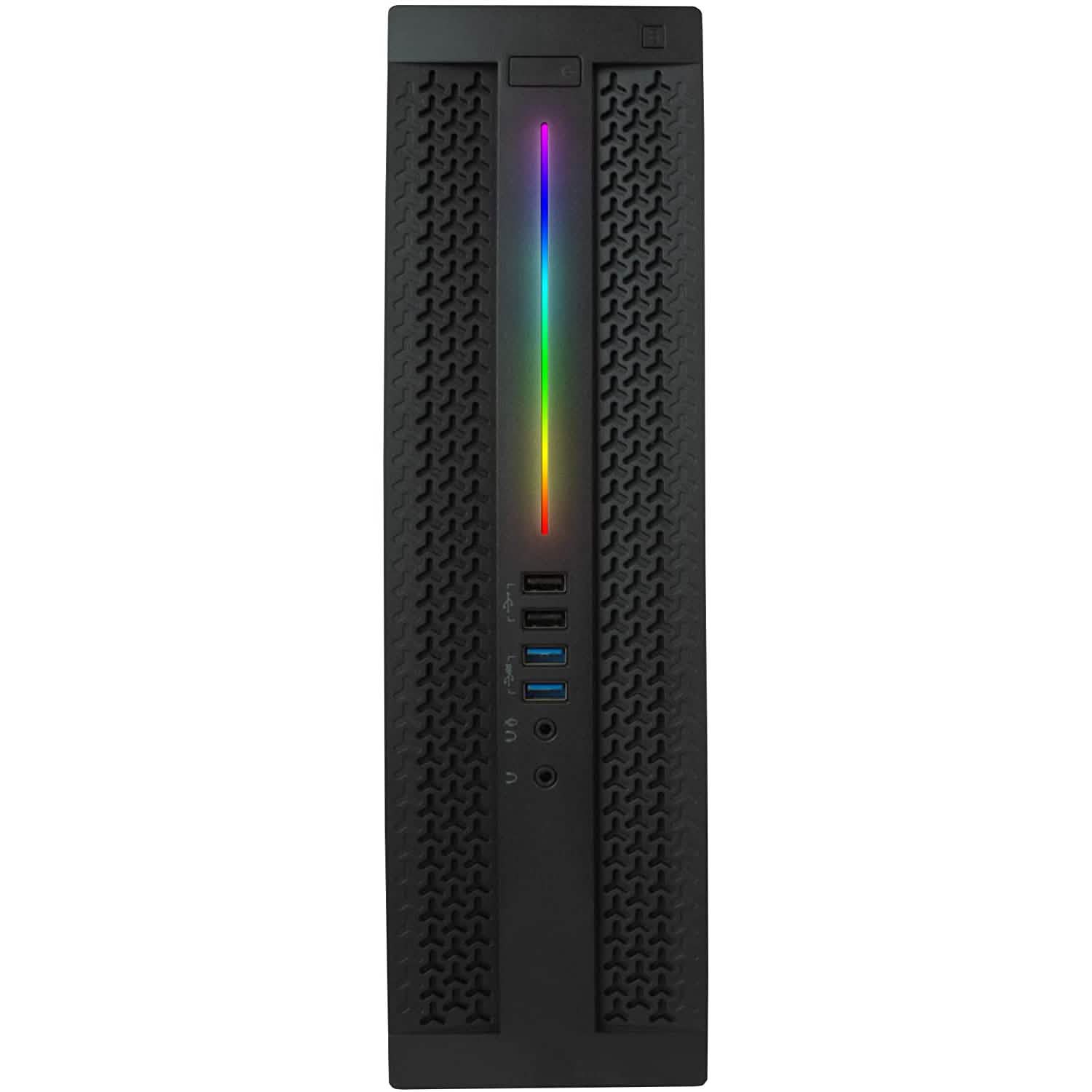 Refurbished gaming desktop PC front panel with multi-color RGB light strip and ports