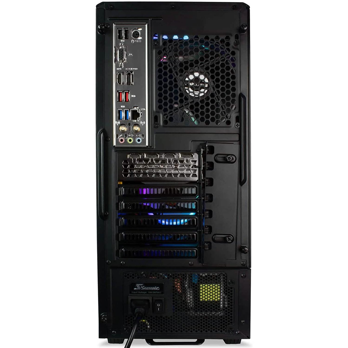 Gaming desktop rear panel with I/O ports and hex mesh ventilation grilles