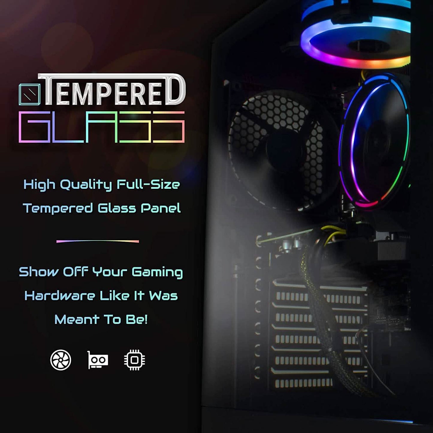 Tempered glass gaming desktop with RGB ring fans and illuminated interior