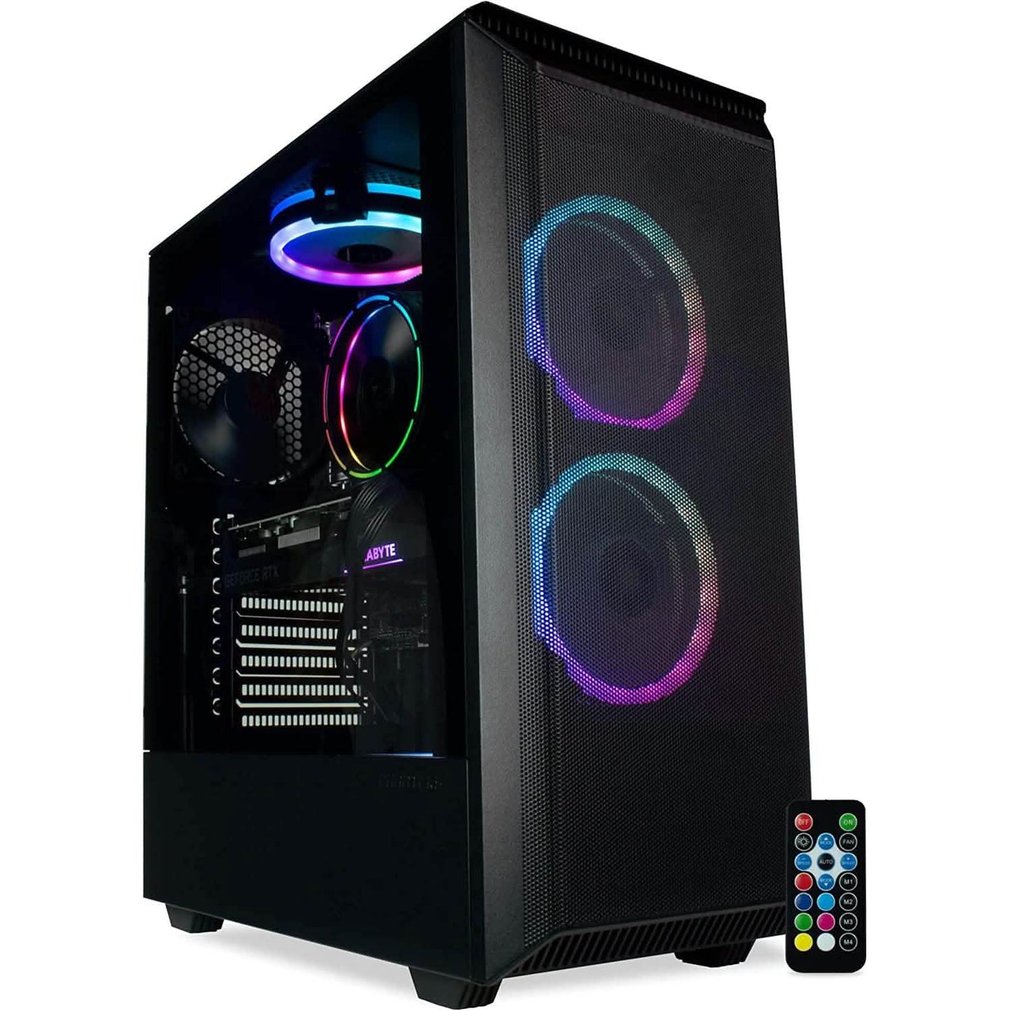 Black gaming desktop tower with RGB ring fans and side transparent window
