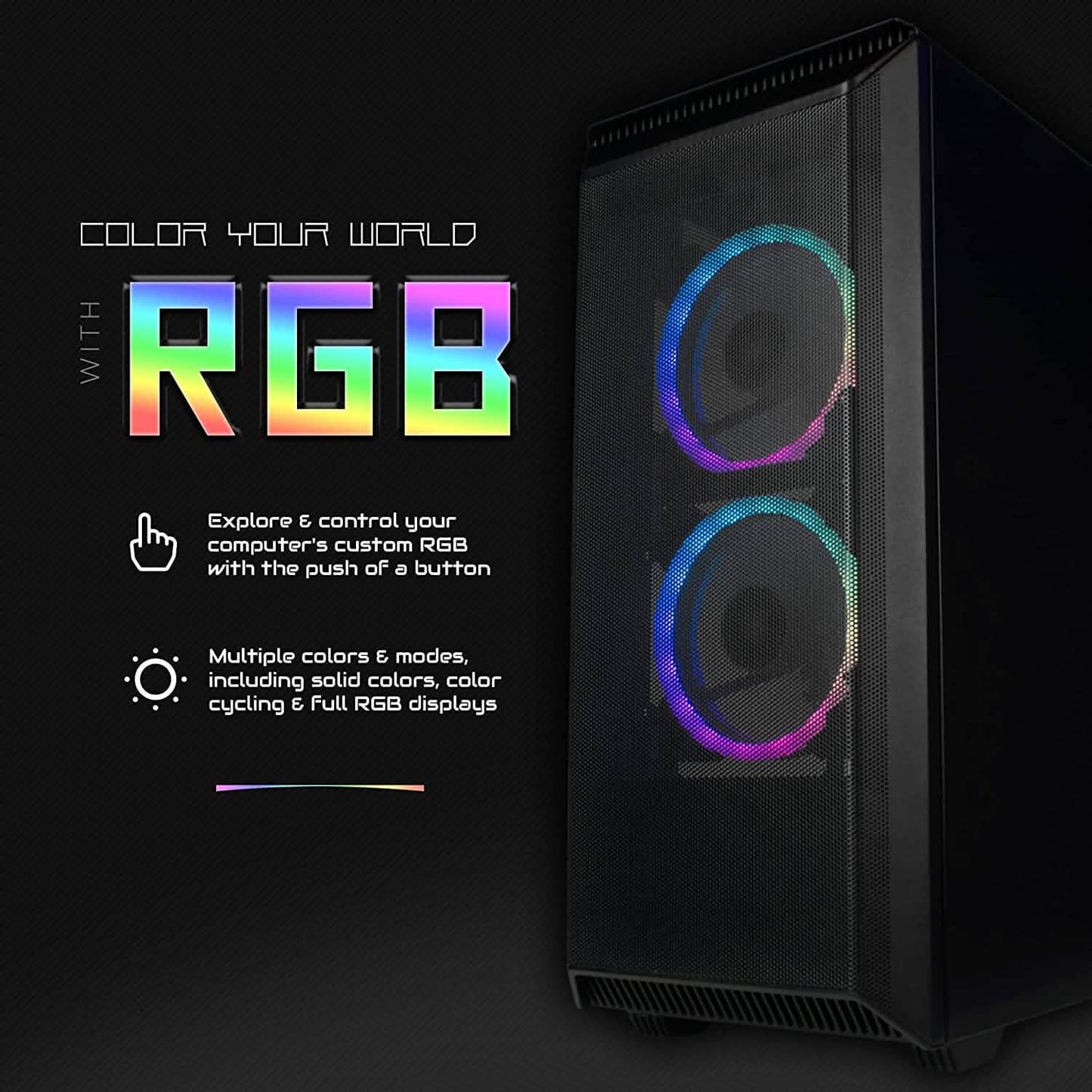Black gaming PC tower with dual RGB ring fans and color-control remote