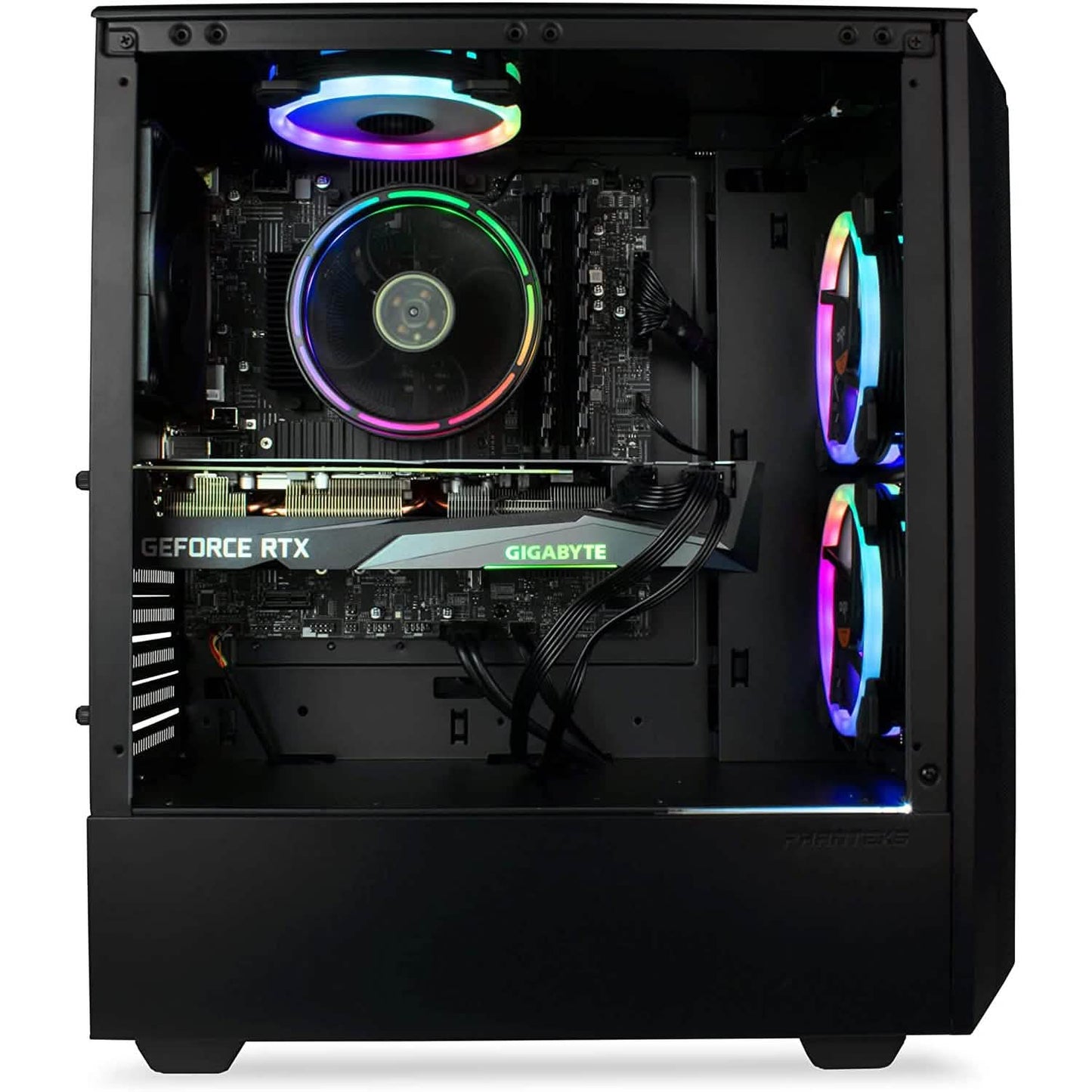 Gaming desktop with open side panel, RGB CPU cooler, and installed graphics card