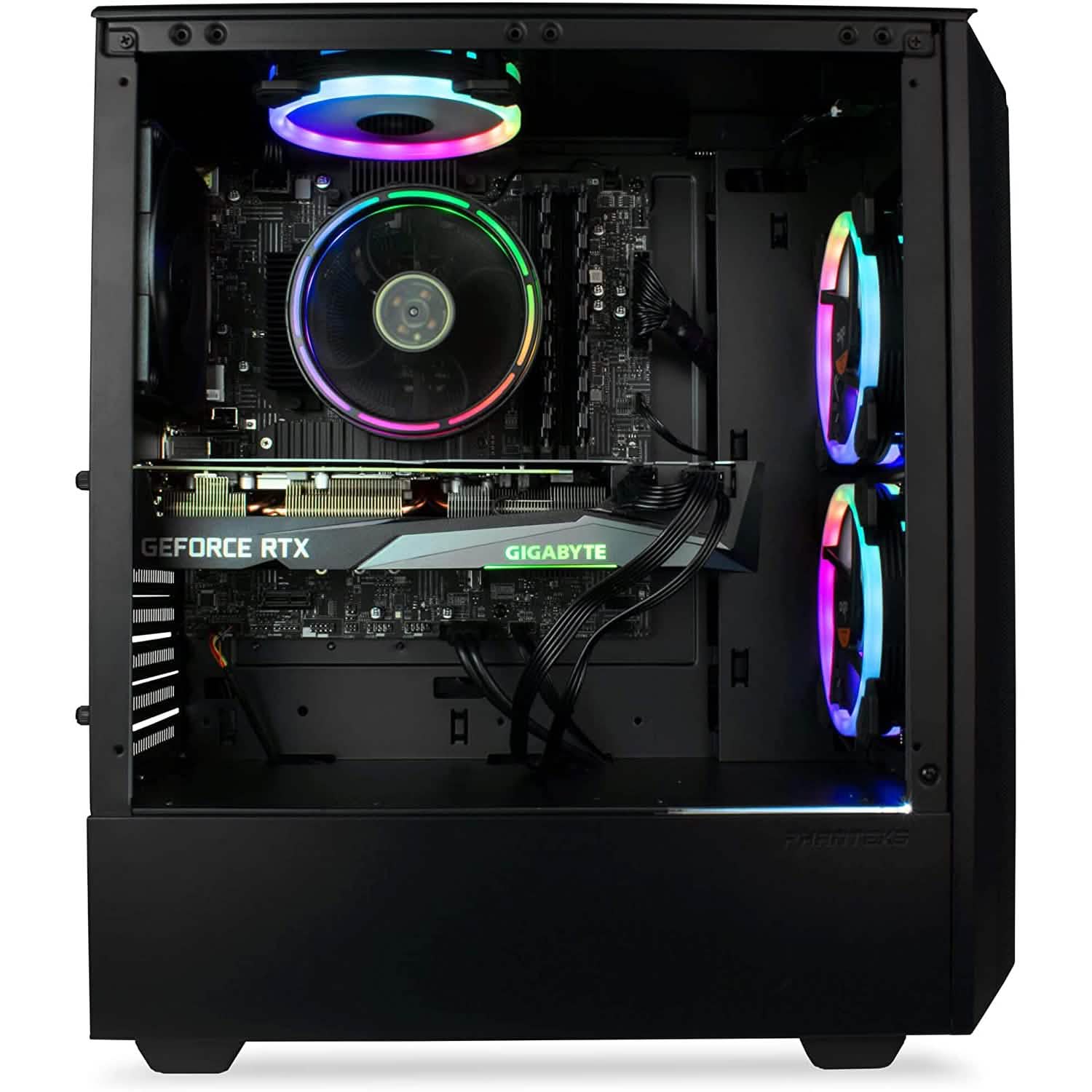 Gaming desktop with open side panel, RGB CPU cooler, and installed graphics card