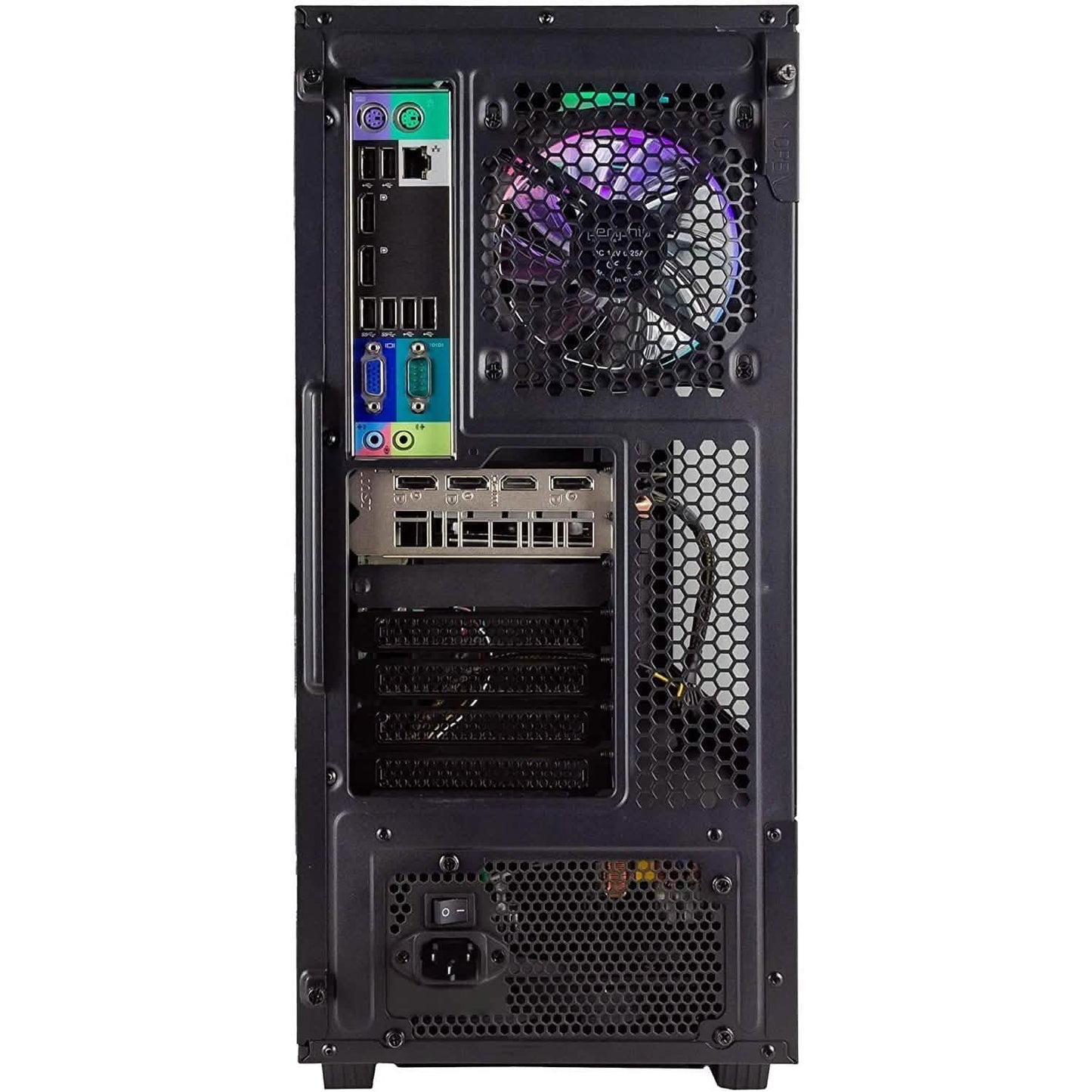 Black PC case rear panel with port cutouts, expansion slots, and cooling grille