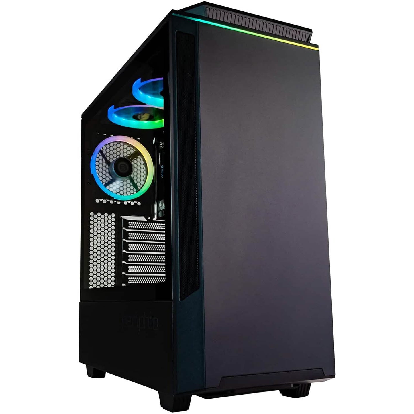 Black mid-tower PC case with RGB-lit fans and tempered glass side panel
