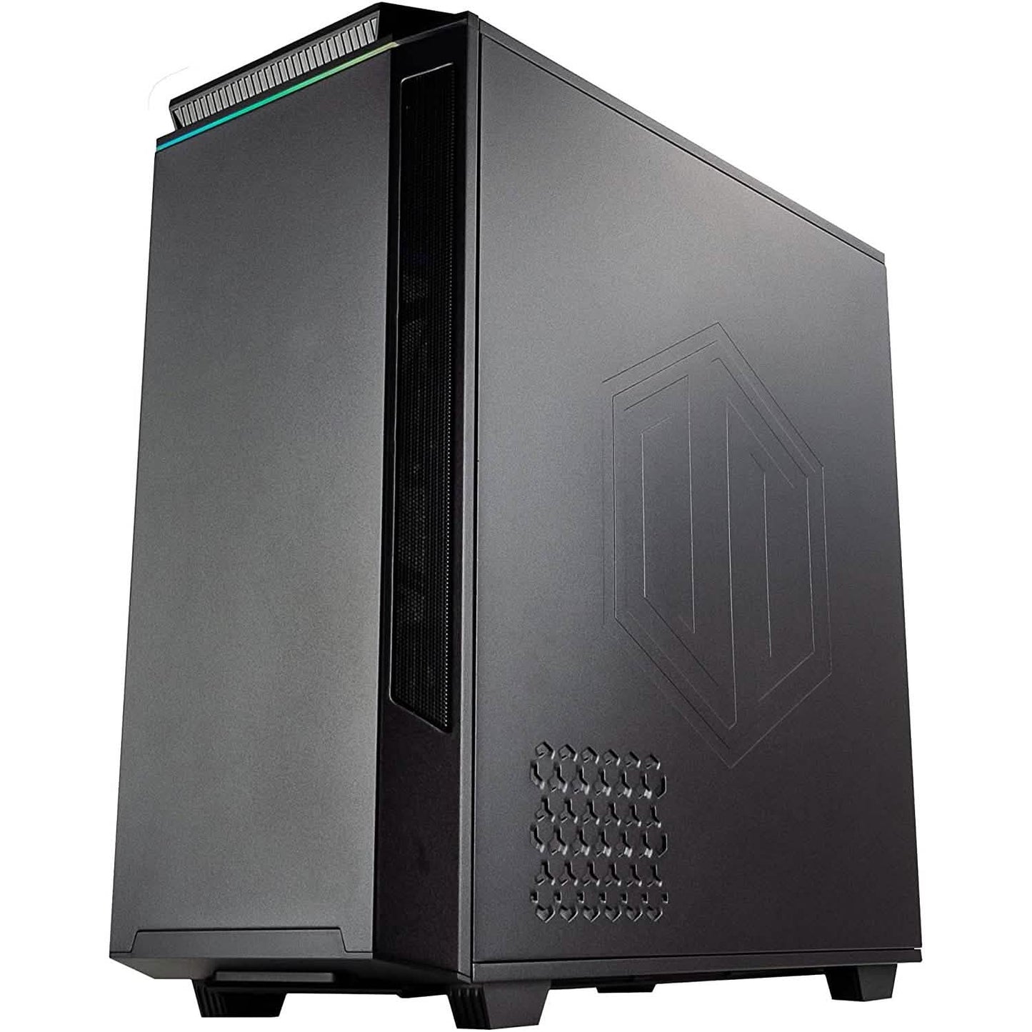Black mid-tower PC case with vented side panel and textured front grille