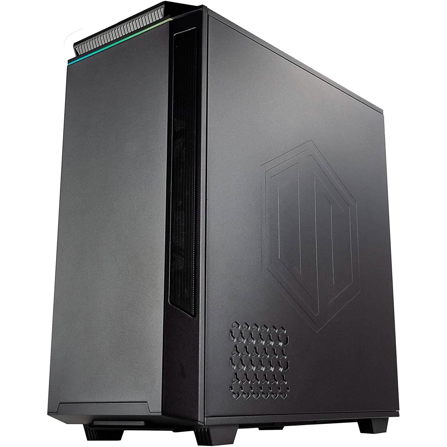 Black mid-tower PC case with vented side panel and textured front grille