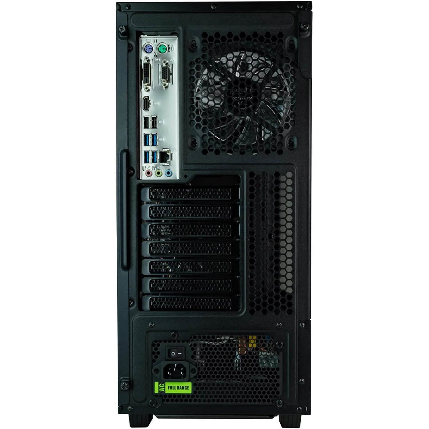 Gaming PC rear panel with multiple ports, expansion slots, and vented grille
