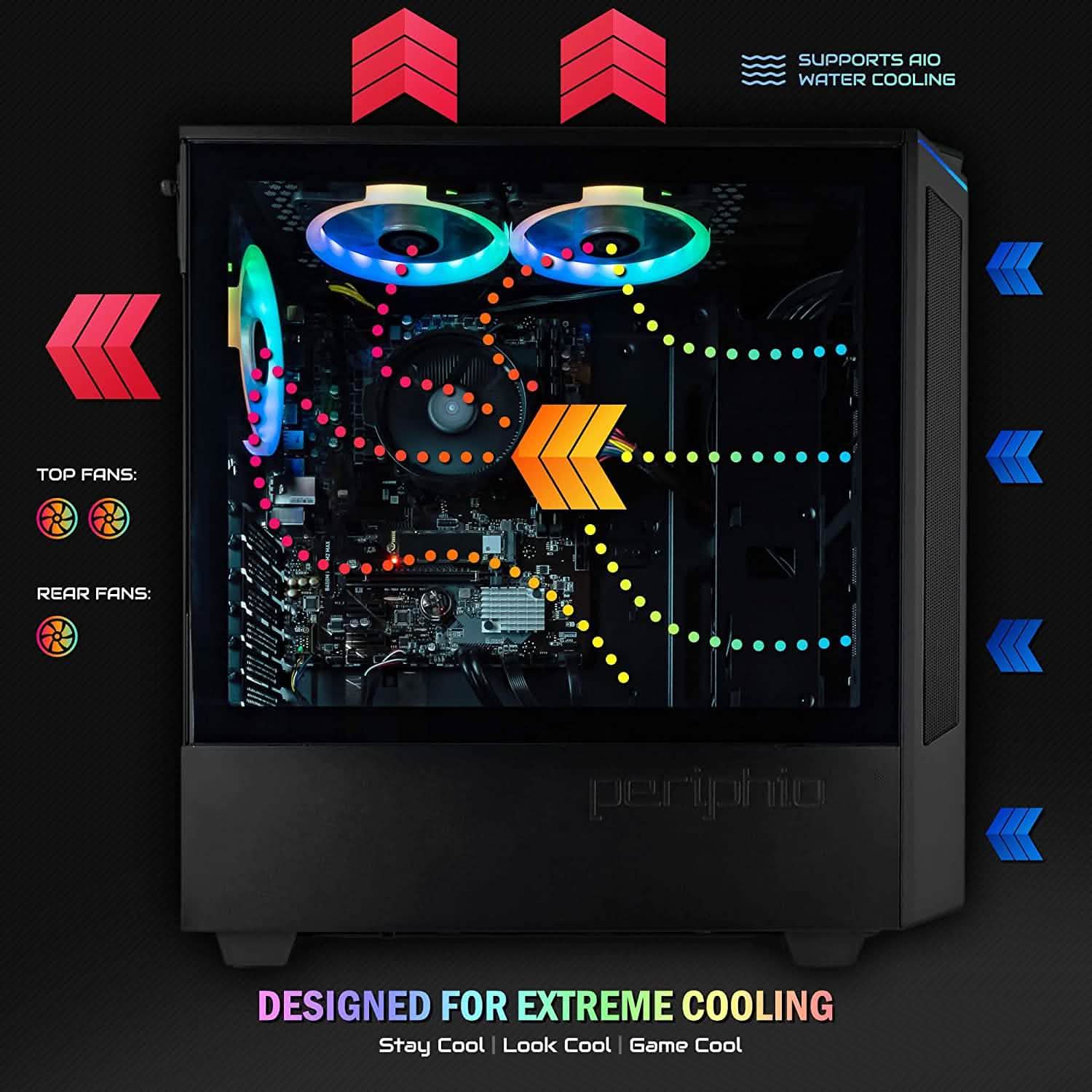 Gaming PC with open side panel showing motherboard, GPU, and RGB cooling fans