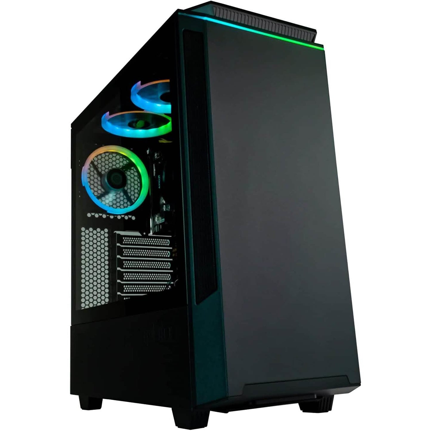 Gaming PC tower with tempered glass side panel and RGB-lit cooling fan rings