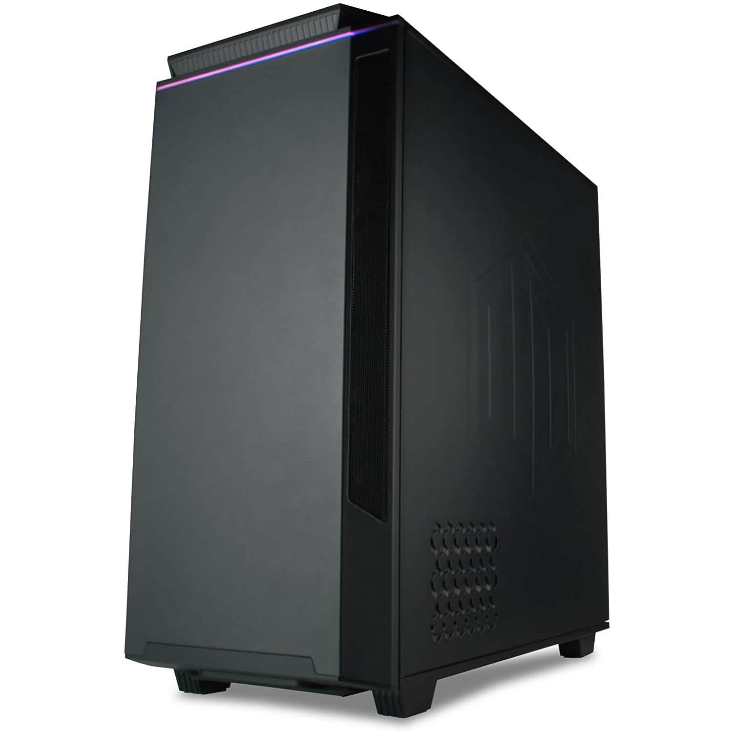 Gaming PC tower with dark side panel and vented grille, RGB accent lighting