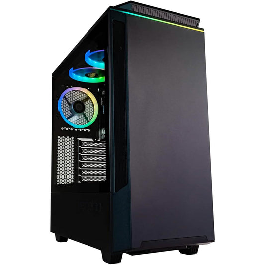 Black gaming PC tower with visible RGB cooling fans and side components