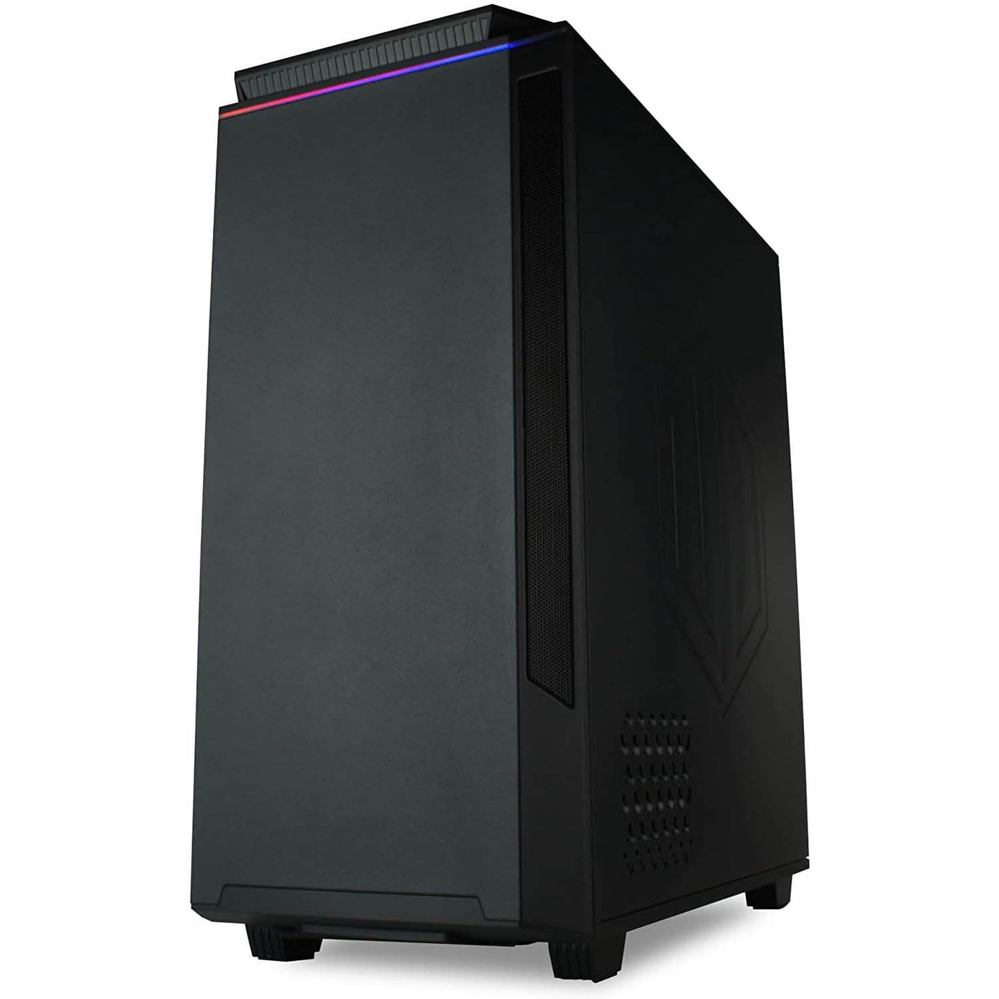 Gaming desktop PC tower with black chassis, side vent and front dust filters