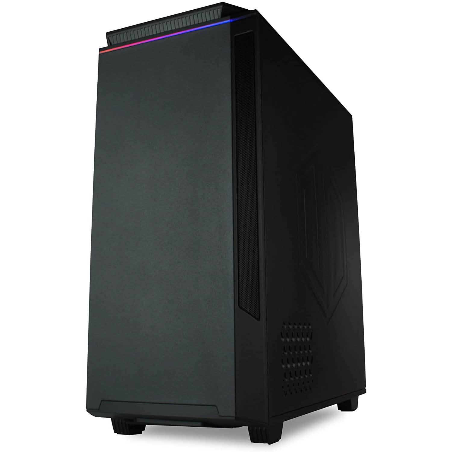 Gaming desktop PC tower with black chassis, side vent and front dust filters