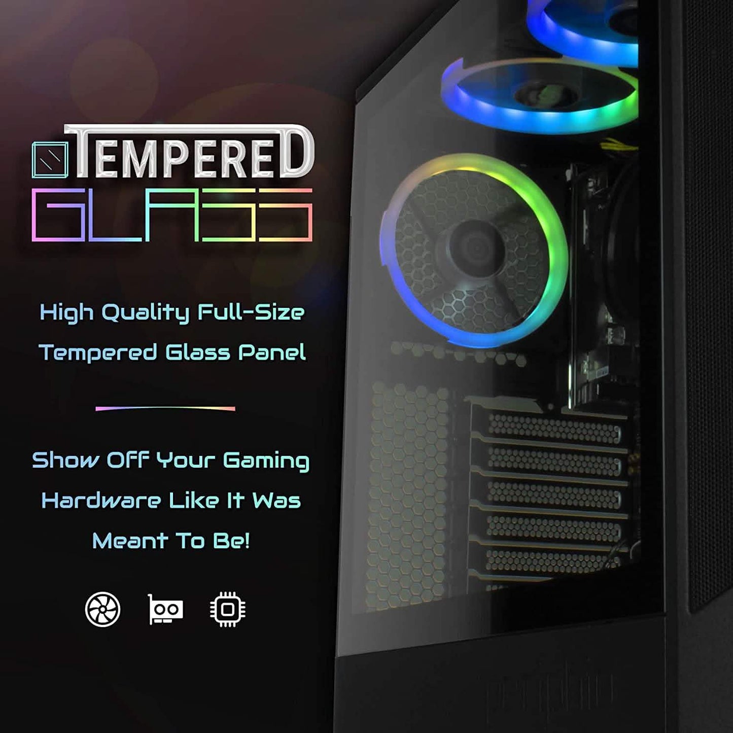 Gaming PC tower with tempered glass side panel and RGB ring fan, black case