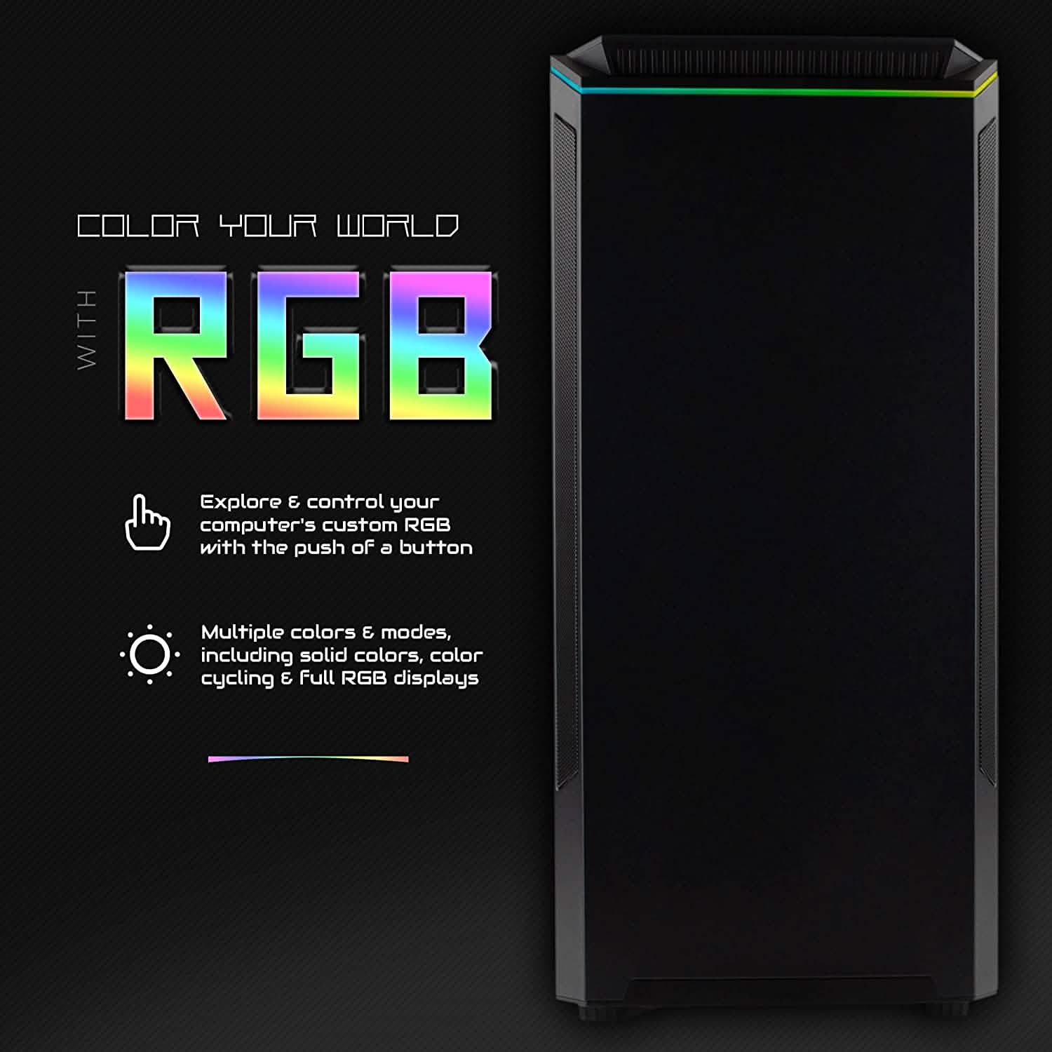 Gaming desktop PC front panel with RGB light strip and vertical mesh vents