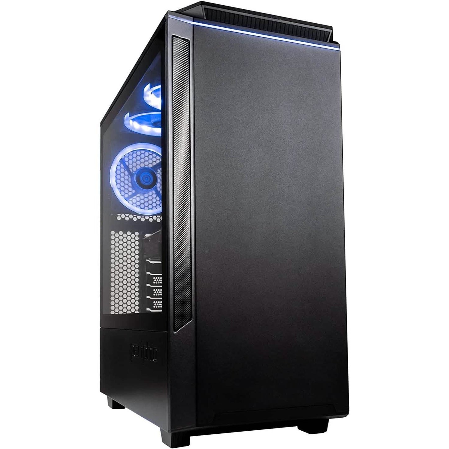 Gaming desktop PC with tempered side window and RGB fan ring, black case