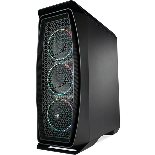 Black gaming PC tower with hex mesh front panel and RGB-lit fan rings