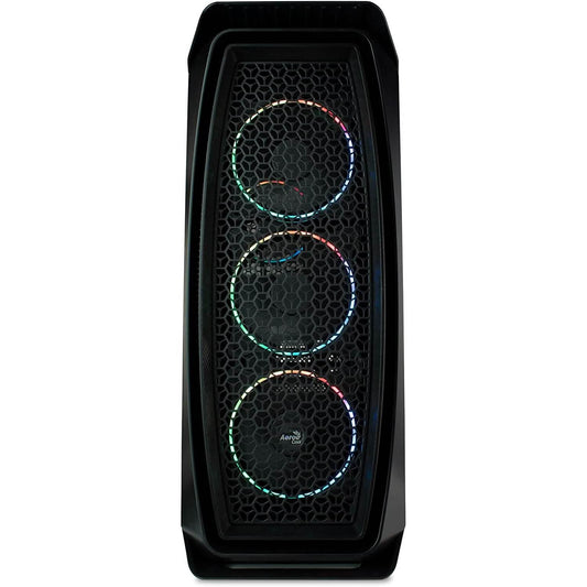 Black gaming PC tower with hex mesh front and three RGB-ring fan lights