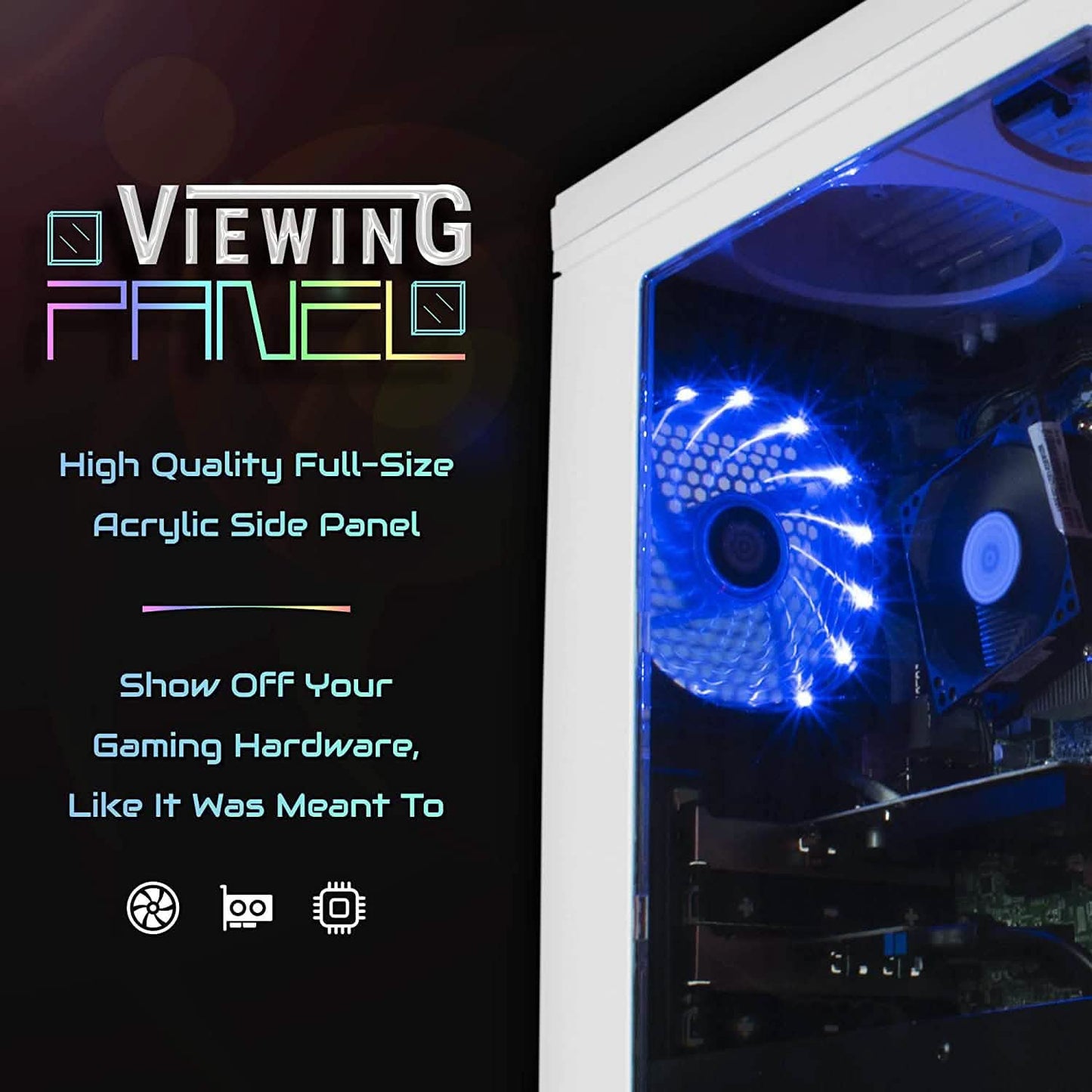 Gaming desktop PC tower with blue LED fans visible through acrylic side panel