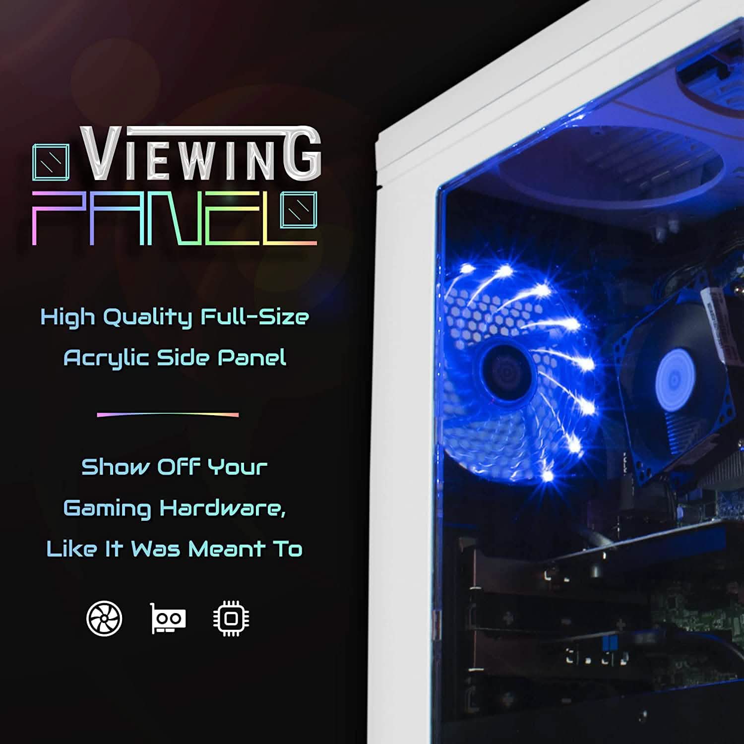 Gaming desktop PC tower with blue LED fans visible through acrylic side panel