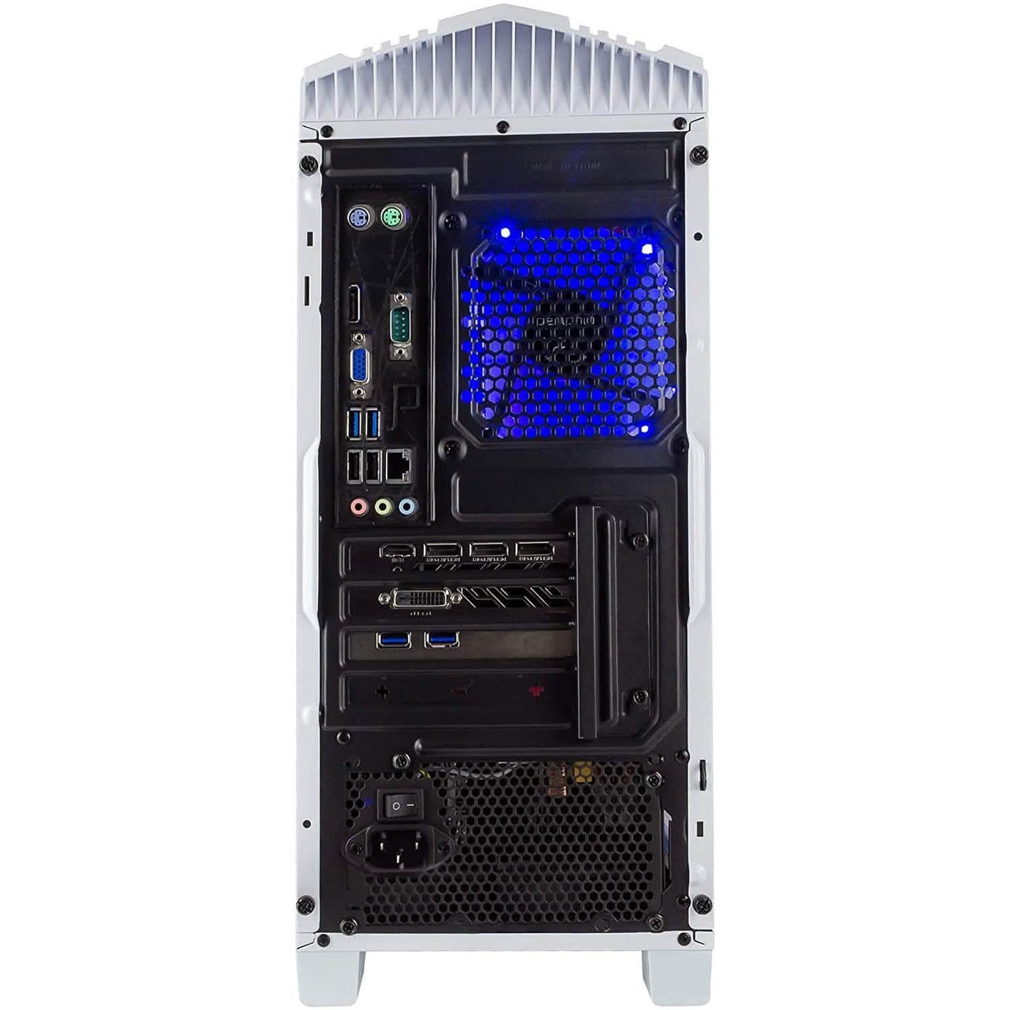 White gaming PC tower rear view with ports and open internal components