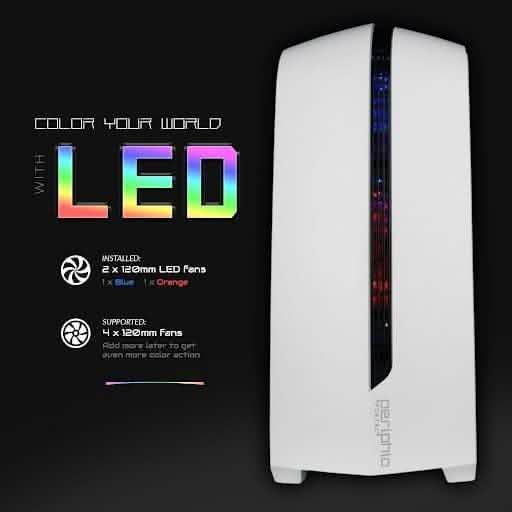 White gaming desktop PC tower with glowing RGB LED lighting on the front