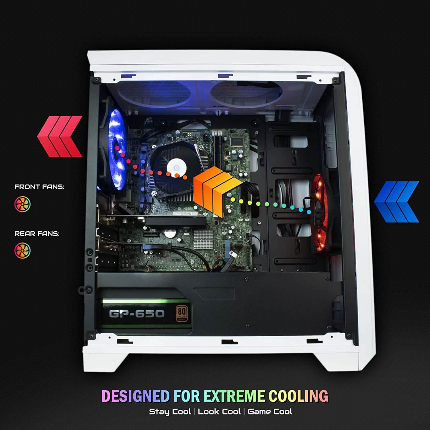 White gaming desktop PC interior with motherboard, blue fans, and power supply