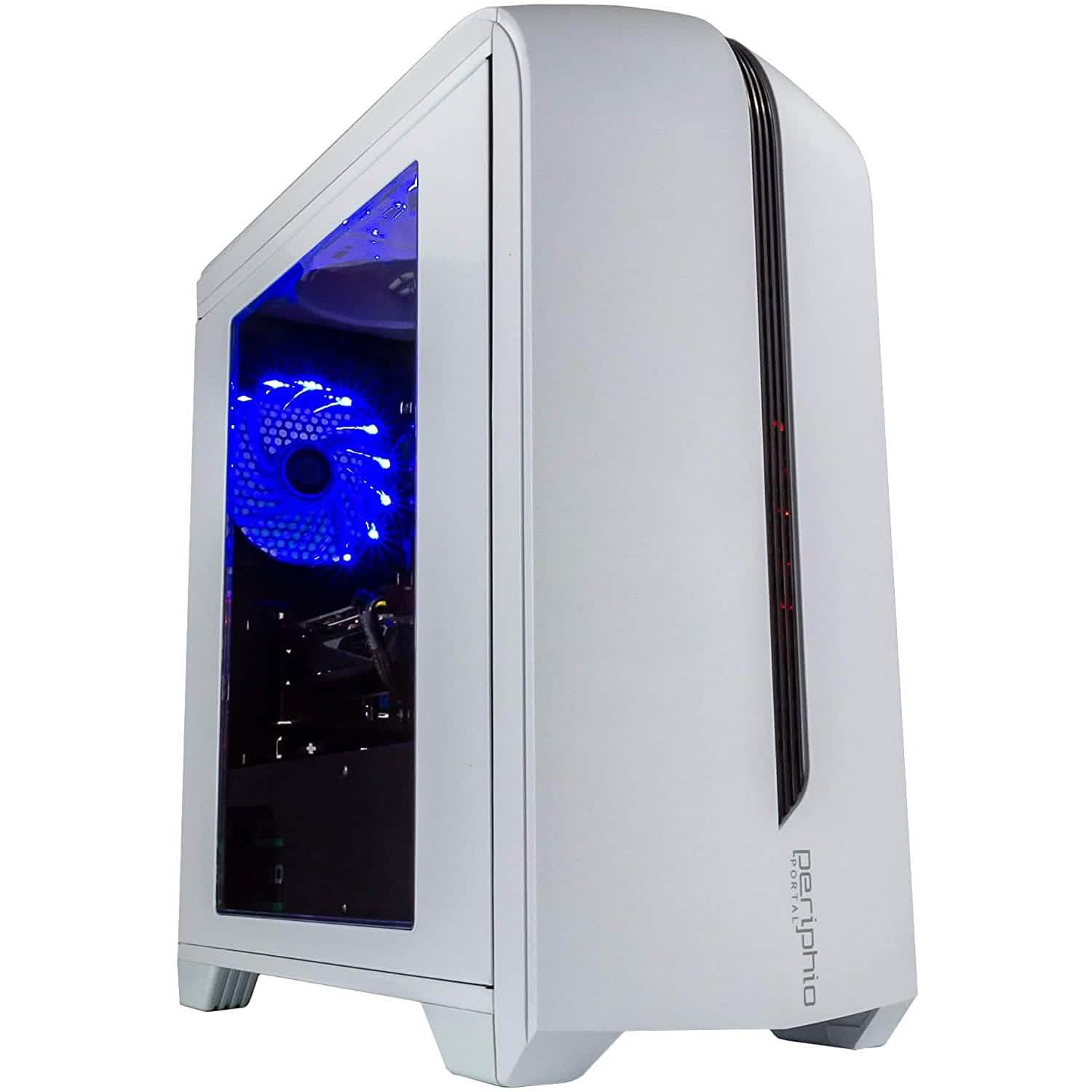 White gaming desktop PC tower with side window and blue LED-lit fans