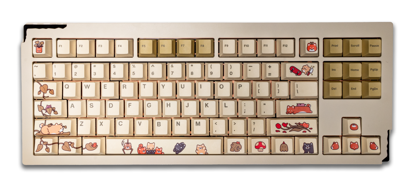 Complete keycap set on board, cream caps with cartoon icons and character themed legends