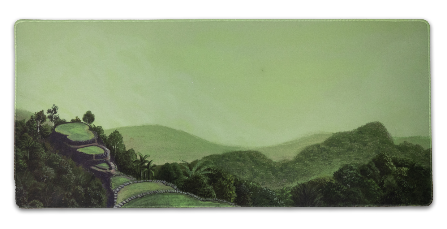 Green scenic desk mat, rectangular with dark outline border and winding path view