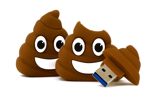 Poop emoji USB flash drive, brown with blue USB-A plug
