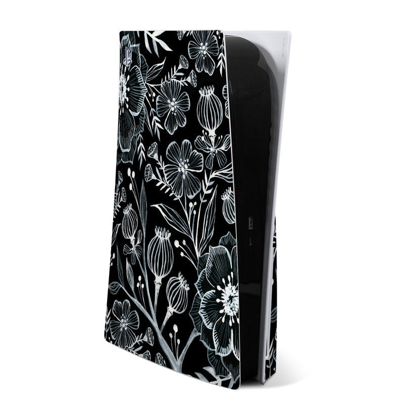 Botanika Sony PS5 skin with black background and white botanical flower pattern