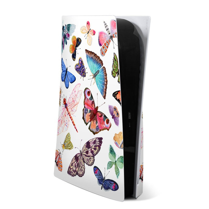 PS5 console skin with colorful butterfly scatter design on a white panel