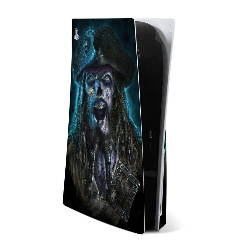 PS5 console skin featuring a blue and black pirate skull portrait design